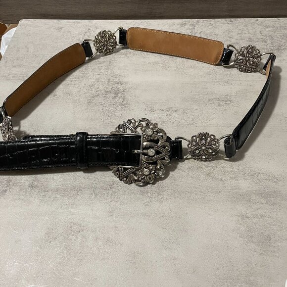 Brighton B60113 Black Patent Leather Crystal Stud Medallion Station Belt 46" - Picture 1 of 10